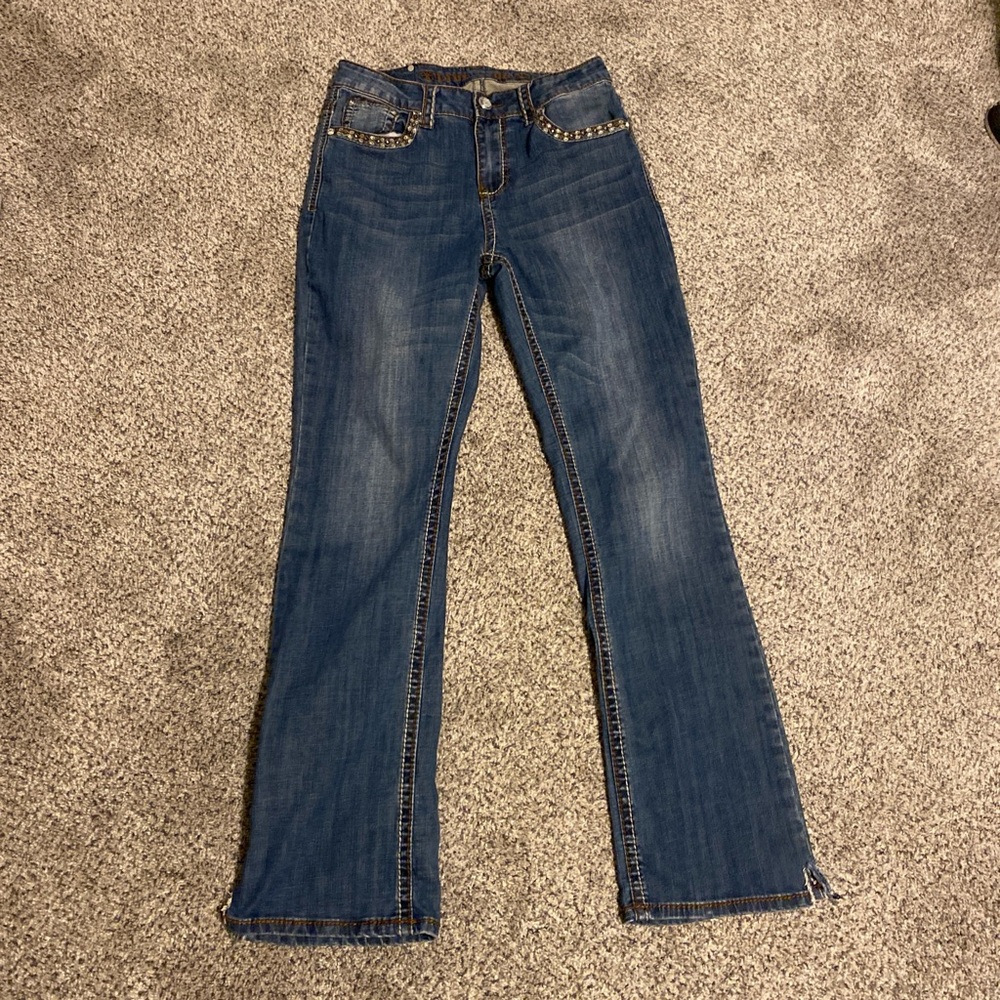Vintage Y2K Women’s Live Hard Denim Flare Jeans with bedazzled pockets